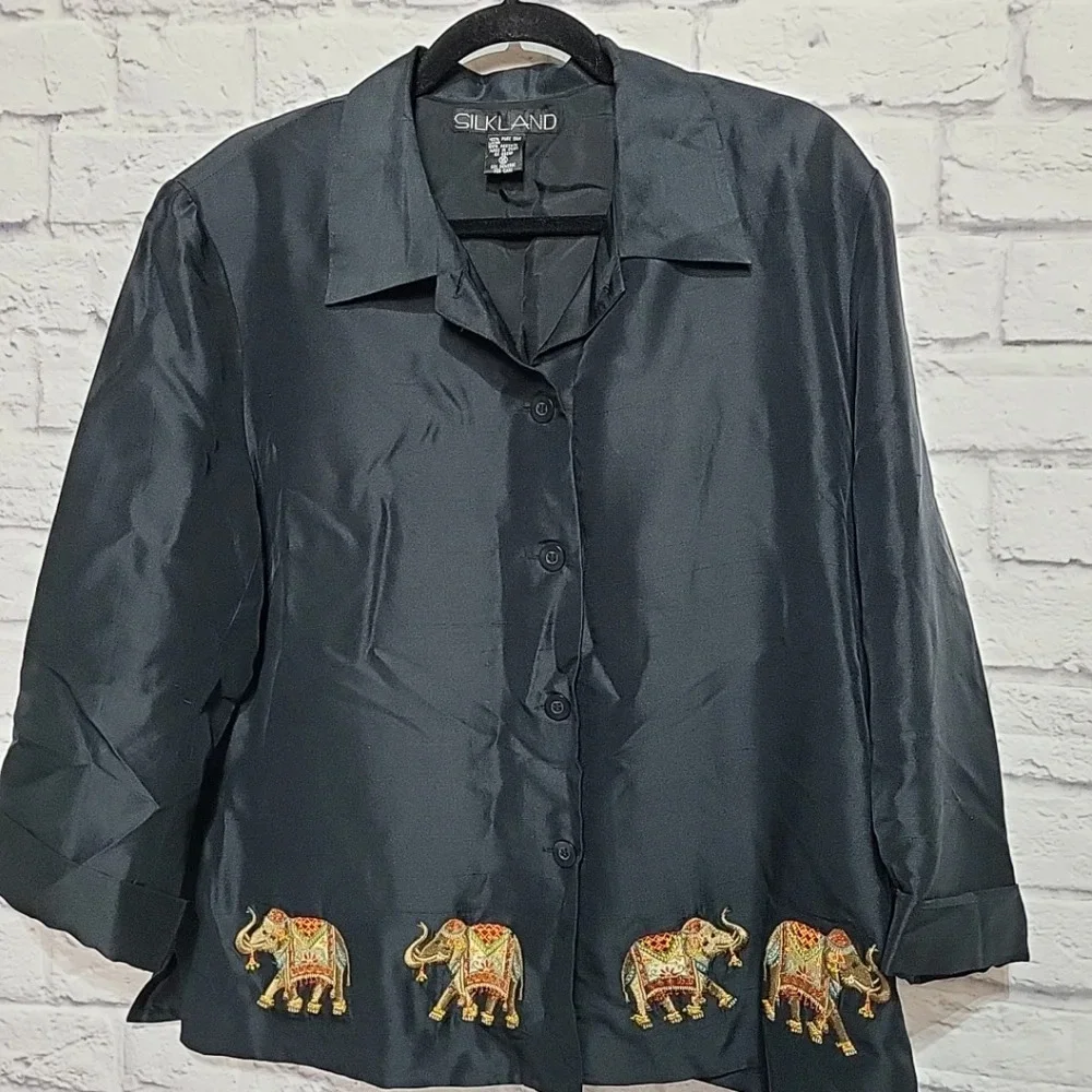 SILKLAND 100% Silk Black Jacket Button Up Embroidered Elephants Size‎ 16 Women's
